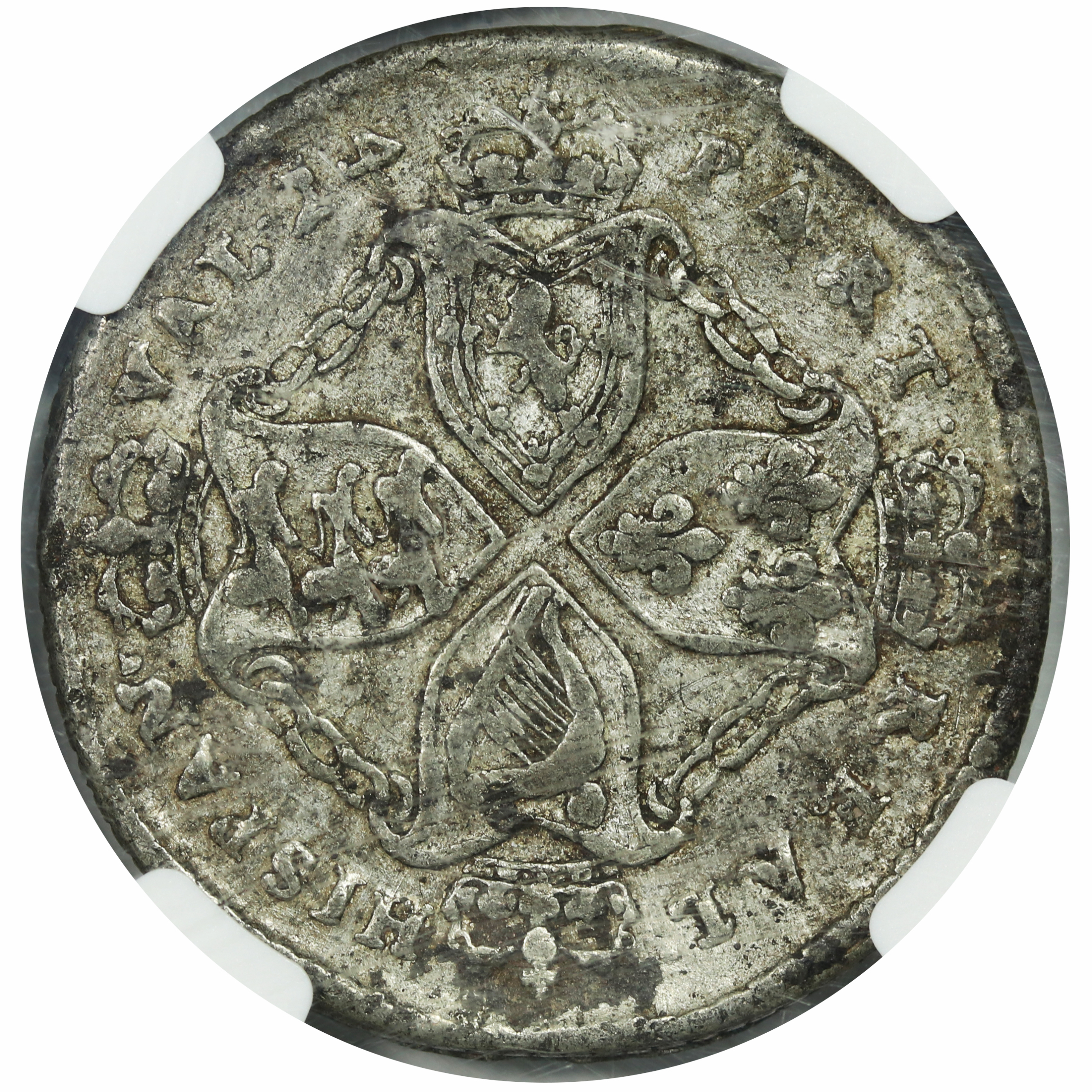 1688 American Plantation Token Reverse Image. Newman 8-C, W-1175 variety, the so-called "Sidewise 4" type Redbook type.  Considered to be Rarity-7.