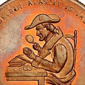 coin with a man looking through a magnifying glass